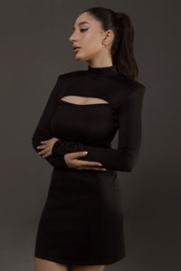 Cut Out Padded Shoulder Mini Dress in Black