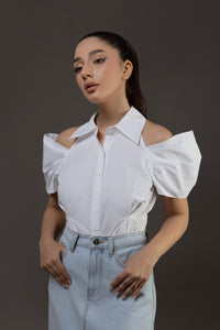 Cold Shoulder Collared Shirt in White