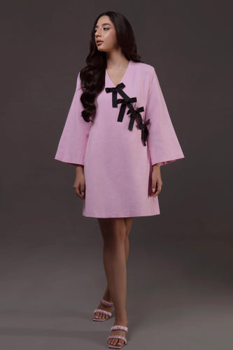 Bow-Embellished Shoulder Padded Shift Dress