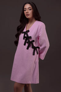 Bow-Embellished Shoulder Padded Shift Dress
