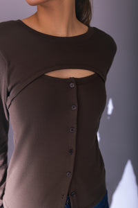 Front Open Cut-Out Top in Chocolate Brown