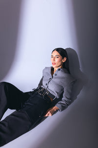 Belted Hem Cropped Jacket in Grey