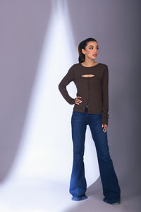 Front Open Cut-Out Top in Chocolate Brown