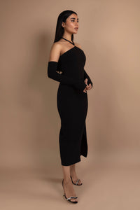 Halter Neck Midi and Gloves Set in Black