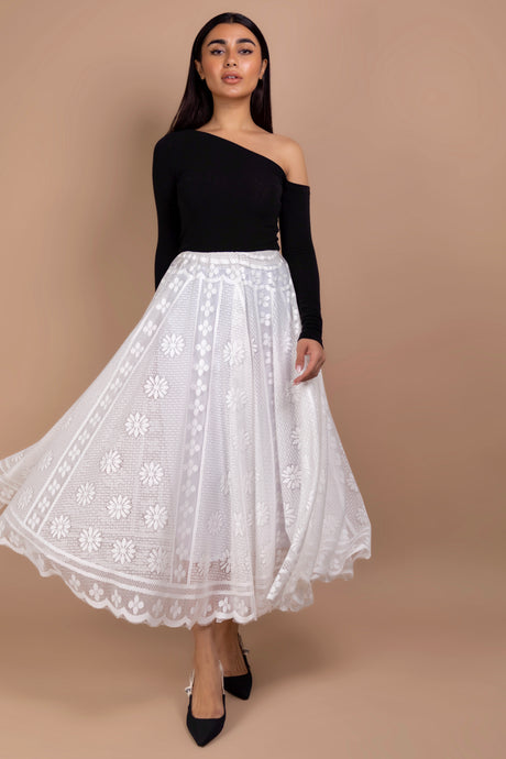 Lace Midi Skirt with Scallop Hem in Ivory