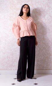 Puffy Sleeve Blouse with Peplum Hem