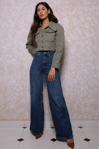 Puff Sleeves Cropped Jacket in Khaki