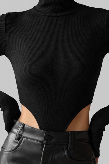 Turtleneck Ribbed Bodysuit in Black