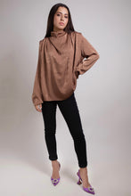 Load image into Gallery viewer, High Neck Satin Blouse with Pleated Shoulders in Brown