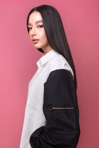 Contrast Nylon Sleeve Shirt with Pocket in Black/White