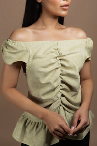 Ruched Top with Ruffled Hem in Khaki