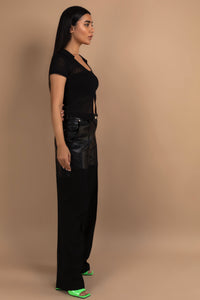 Collared Round Neck Top with Front Split in Black