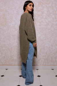 Oversized Wool Knit Tunic in Olive Green