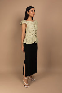 Ruched Top with Ruffled Hem in Khaki