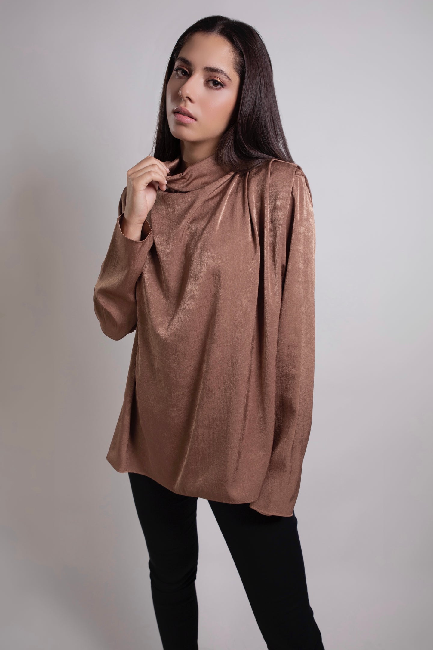 High Neck Satin Blouse with Pleated Shoulders in Brown