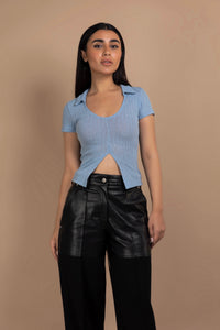 Collared Round Neck Top with Front Split in Dusty Blue