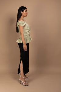 Ruched Top with Ruffled Hem in Khaki