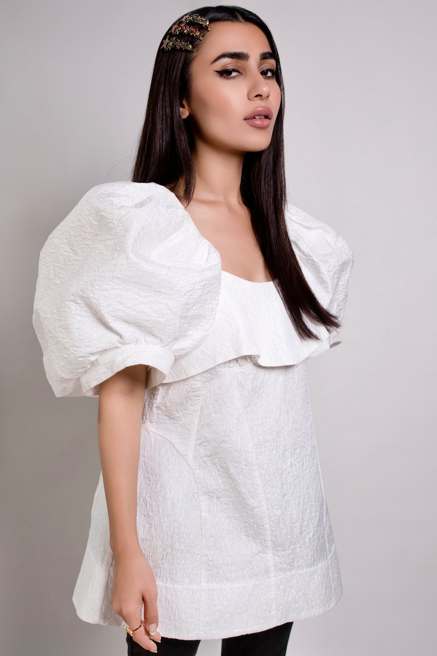 Floral Embossed Dramatic Sleeves Blouse in White