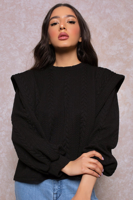 Braided Sweatshirt with Layered Shoulders in Noir