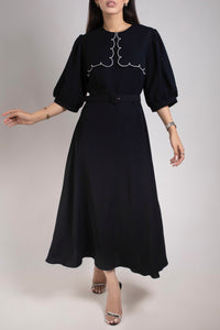 Belted Scallop Pearl Collar Midi in Black
