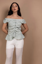 Load image into Gallery viewer, Ruched Top with Ruffled Hem in Sky Blue