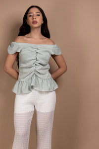 Ruched Top with Ruffled Hem in Sky Blue