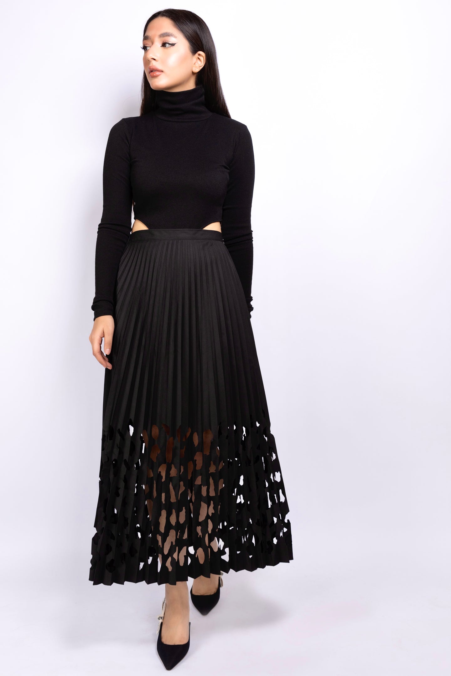 Punched Midi Skirt in Black