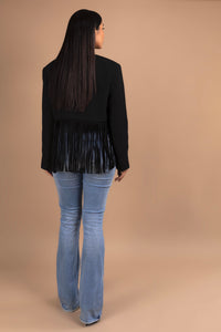 Fringe Shoulder Padded Tweed Jacket in Black