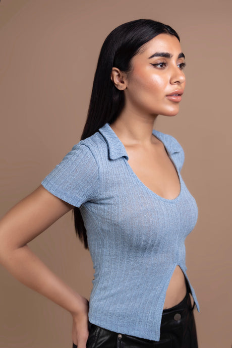 Collared Round Neck Top with Front Split in Dusty Blue