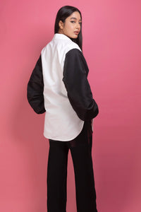 Contrast Nylon Sleeve Shirt with Pocket in Black/White
