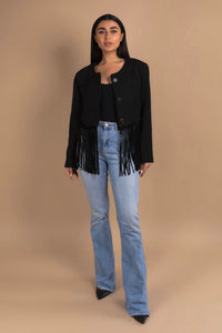 Fringe Shoulder Padded Tweed Jacket in Black