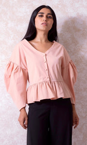 Puffy Sleeve Blouse with Peplum Hem