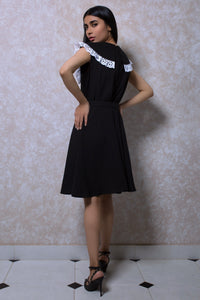 Lacey Wide Collar Dress with Belt in Black