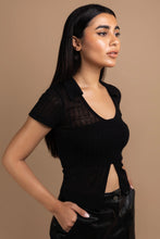 Load image into Gallery viewer, Collared Round Neck Top with Front Split in Black