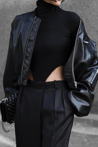 Turtleneck Ribbed Bodysuit in Black