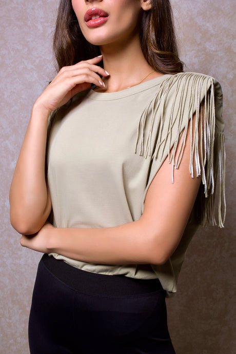 Fringed Shoulder Pad Muscle Tee in Green Khaki