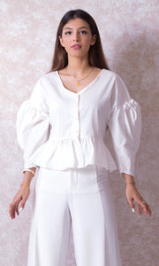 Puffy Sleeve Blouse with Peplum Hem