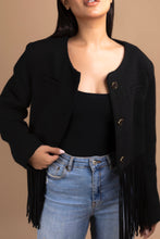 Load image into Gallery viewer, Fringe Shoulder Padded Tweed Jacket in Black