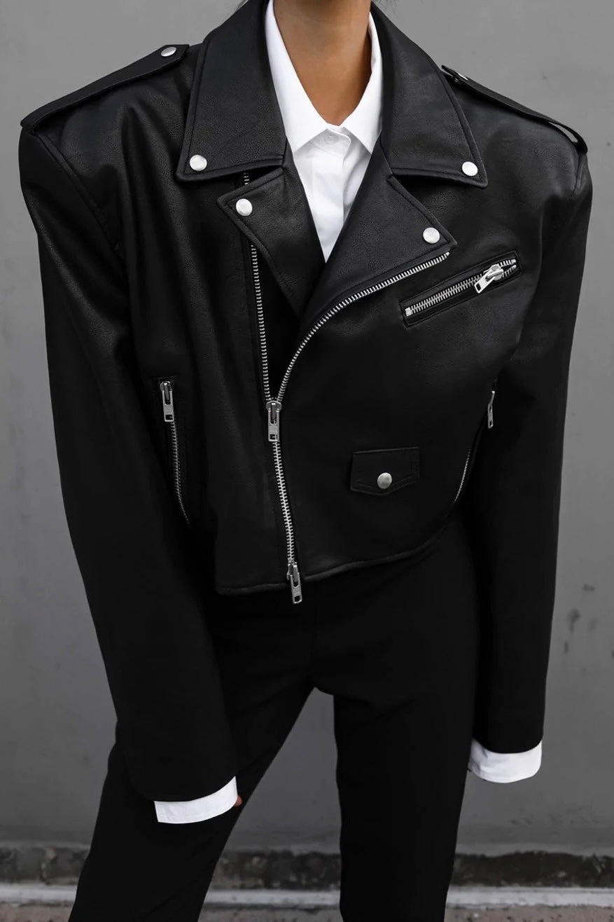 Cropped Biker Jacket with Epaulettes
