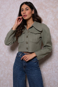Puff Sleeves Cropped Jacket in Khaki