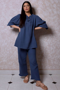Double Bow Frill Collar Loungewear Set in Royal Navy