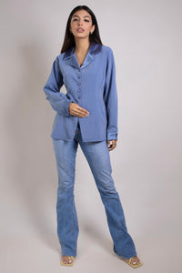 Notched Satin Collar Shirt in Steel Blue
