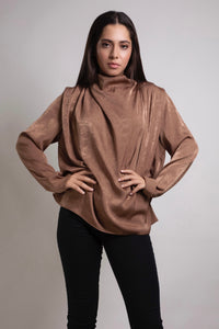 High Neck Satin Blouse with Pleated Shoulders in Brown