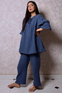 Double Bow Frill Collar Loungewear Set in Royal Navy