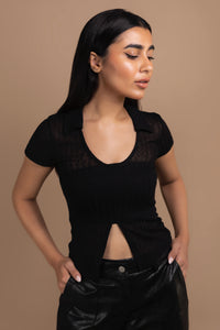 Collared Round Neck Top with Front Split in Black